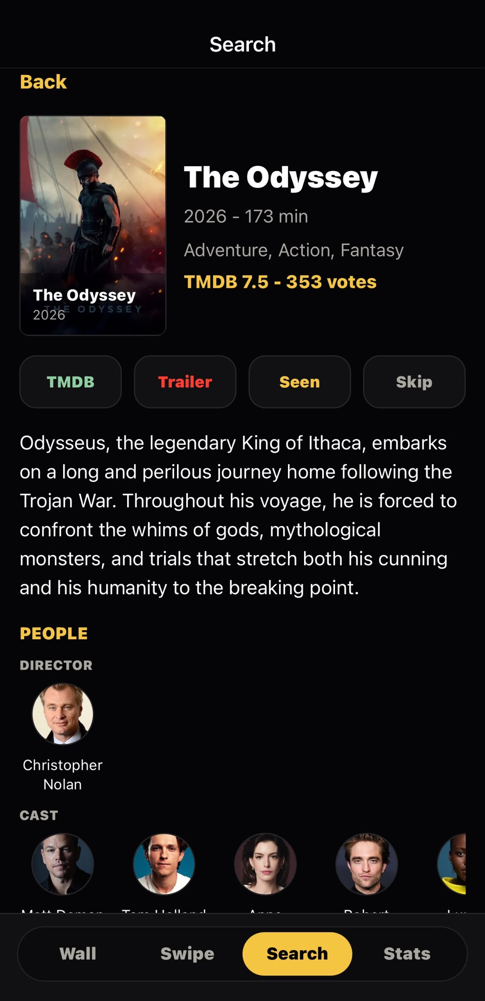 MovieWall movie details screen for The Odyssey