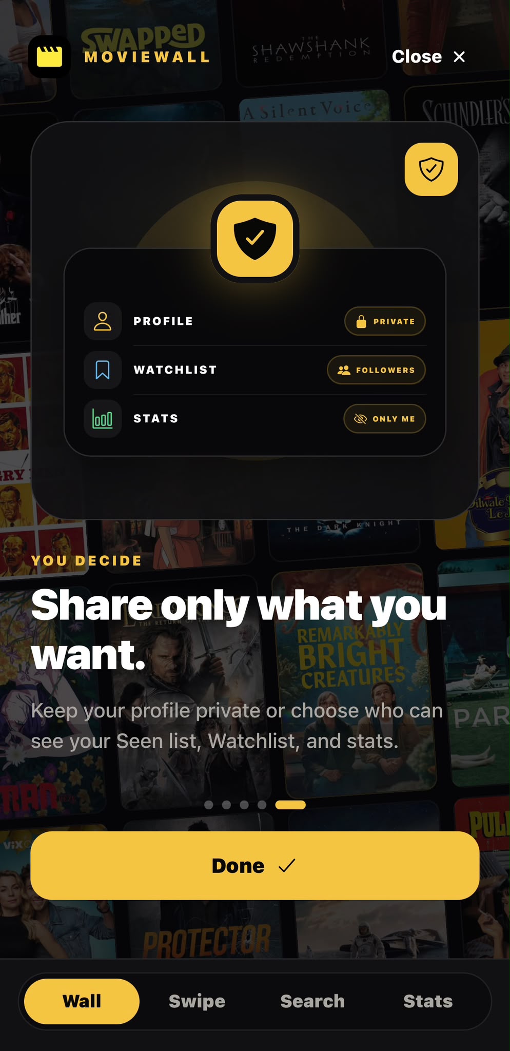 MovieWall introduction explaining profile privacy controls