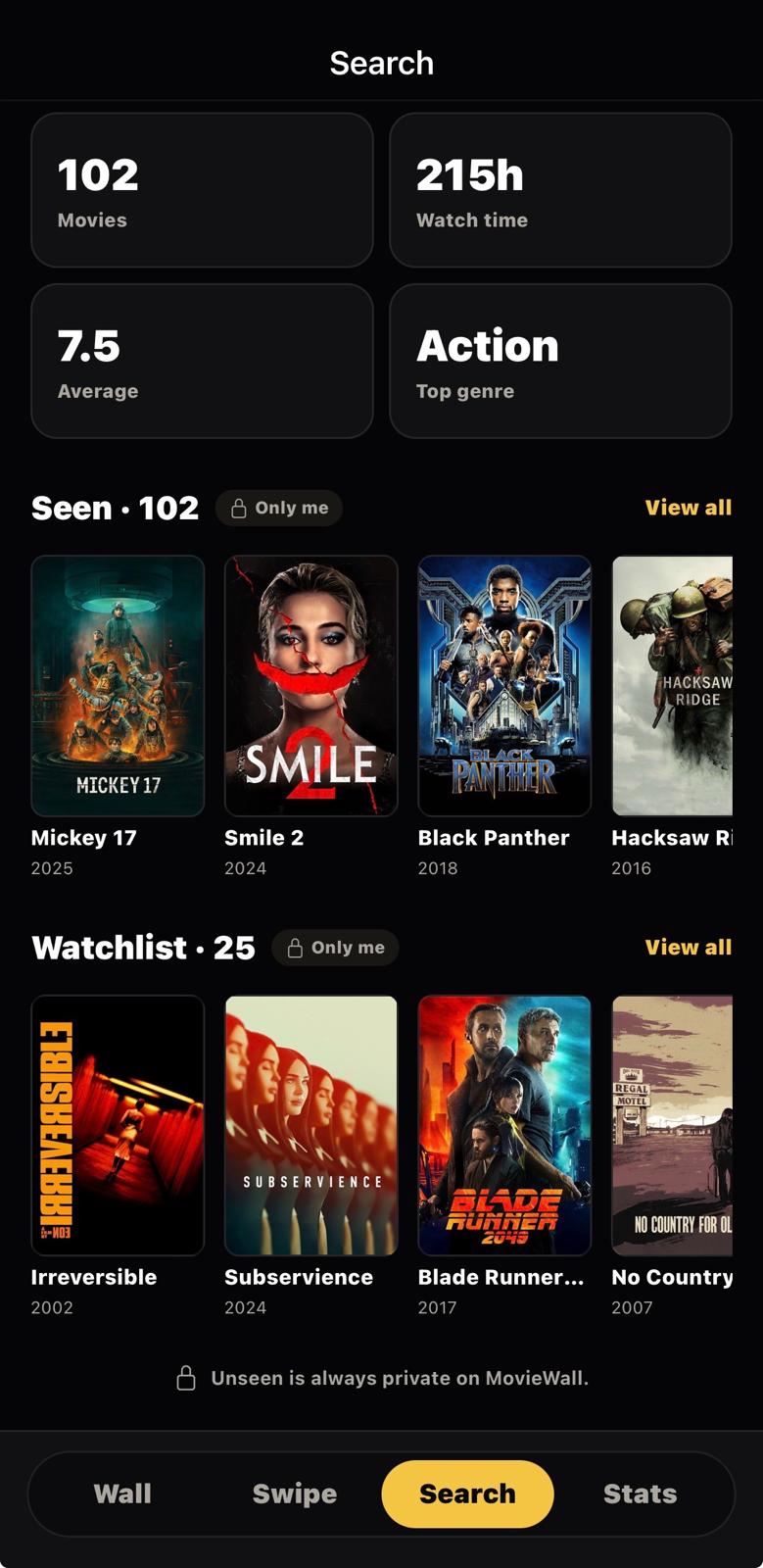MovieWall profile showing Seen and Watchlist collections