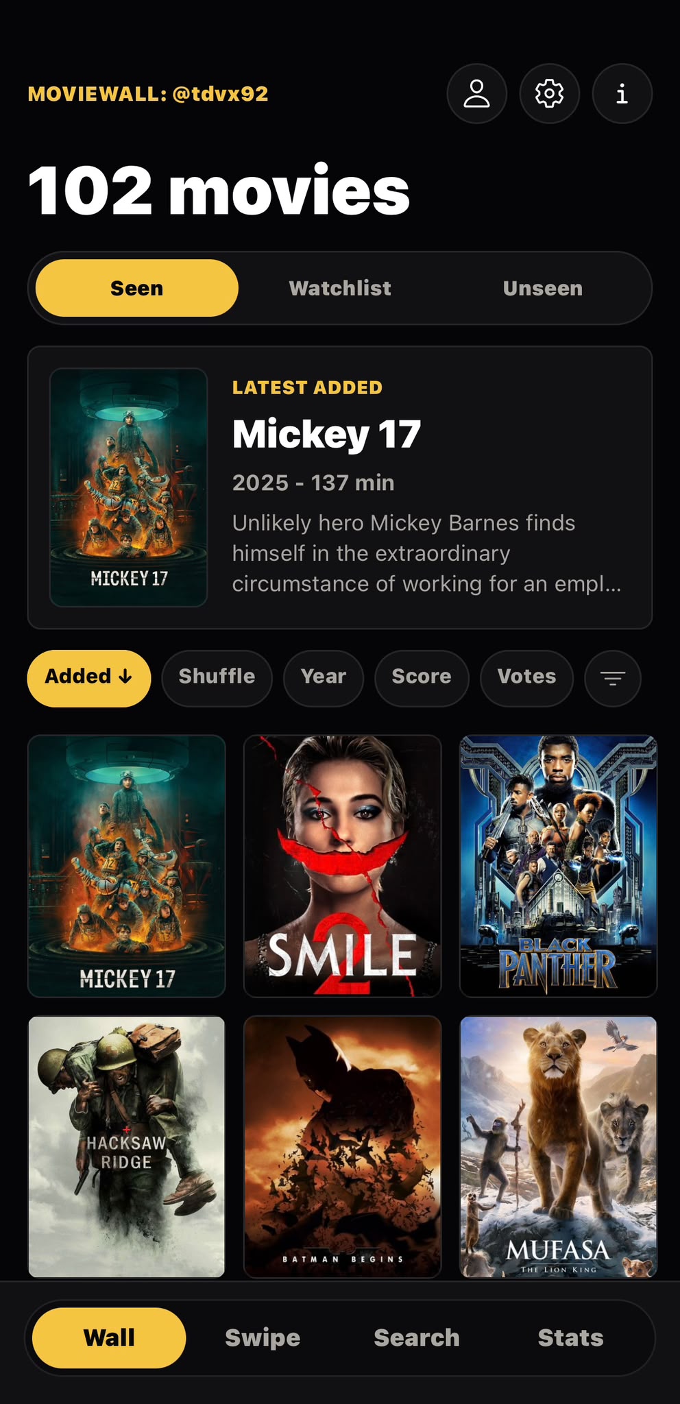 MovieWall Seen collection with a grid of movie posters